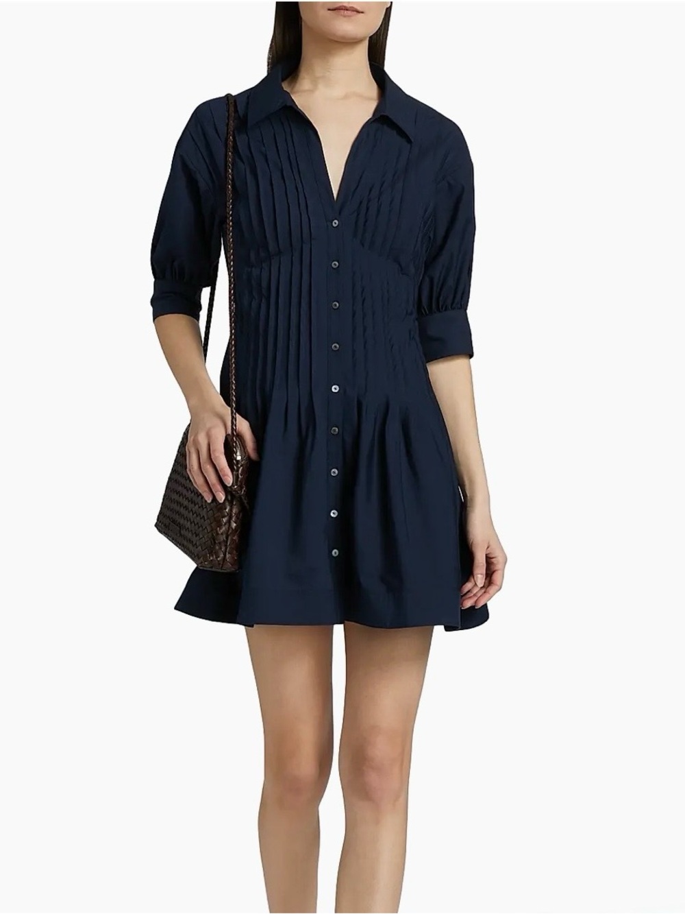 Cinq a Sept Navy Mini-ShirtDress Fit & Flare Puff Sleeves in Stretch Cotton - 6